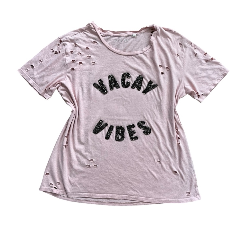 Vacay Vibes Pink Metallic Beaded Trashed Distressed Oversized T-Shirt Tee Small